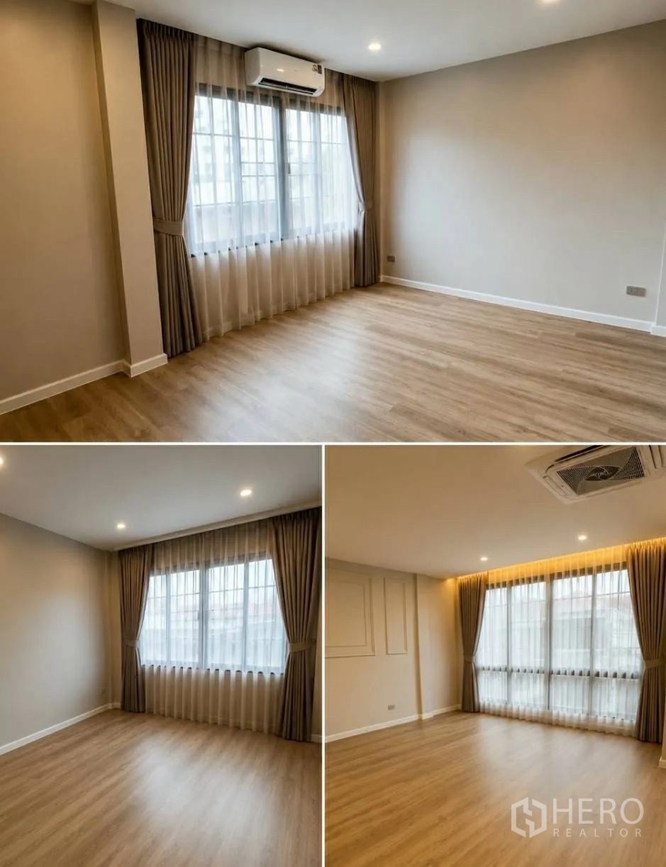 ทาวน์เฮาส์ for rent in Khlong Toei, Bangkok - ภาพรวมหลายมุมของห้องนอนสว่าง มีผ้าม่าน แอร์ และพื้นไม้.