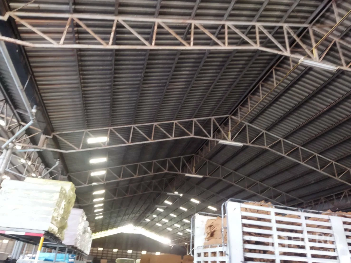 Warehouse for rent in Bang Khun Thian, Bangkok - Detail of the warehouse’s high-clearance metal roof with steel trusses and strip skylights.