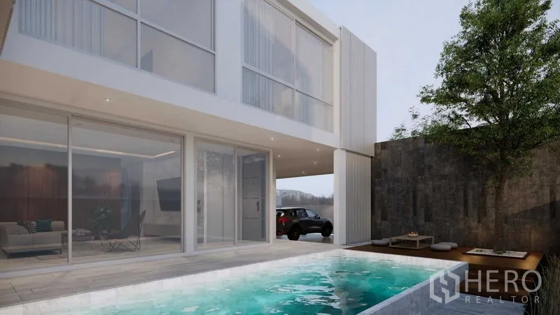 ที่ดิน ขายในPrawet, Bangkok - ภาพคอร์ตยาร์ดพร้อมสระว่ายน้ำขนาดกะทัดรัด ติดกระจกบานเลื่อนเต็มสูงและมุมดDeck.