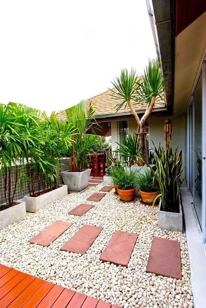 บ้าน ให้เช่าในWatthana, Bangkok - สวนระเบียงโรยหิน มีไม้กระถางและทางเดินแผ่นทางเท้า