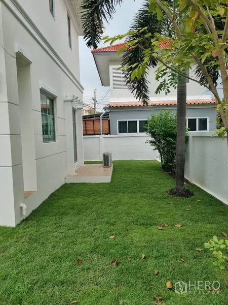 Detached House for sale in Nonthaburi - Side garden with manicured lawn, tall palm and a white boundary wall beside the house.