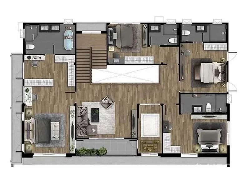 Detached House for rent or sale in Bang Phli, Samut Prakan - Upper-floor plan illustrating four bedrooms, family area and multiple bathrooms.