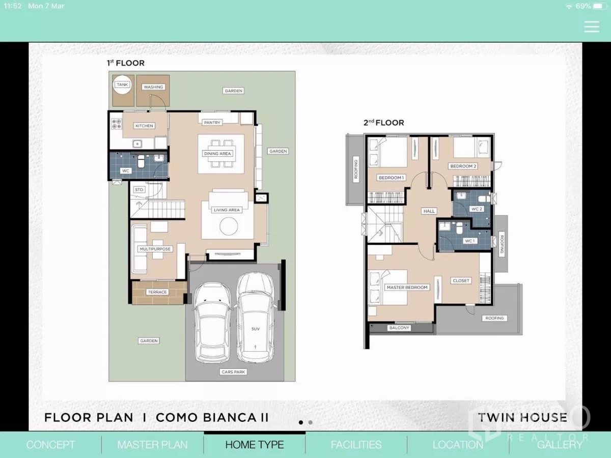 Detached House for rent in Samut Prakan - Two-storey house floor plan showing room layout and parking.