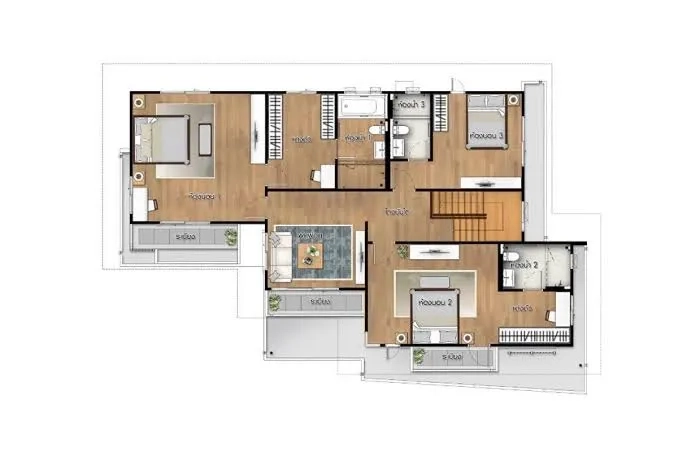 Detached House for rent or sale in Lam Luk Ka, Pathum Thani - Upper floor plan layout showing bedrooms, bathrooms and balconies.