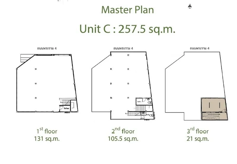 零售空间 出租在Khlong Toei, Bangkok - C号单元平面图：一层131㎡，二层105.5㎡，三层21㎡。