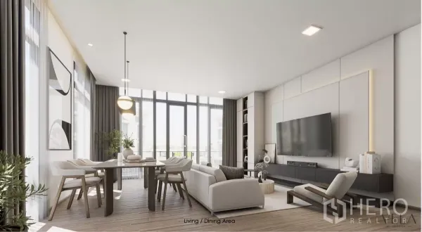 ทาวน์เฮาส์ ให้เช่าในChatuchak, Bangkok - ห้องนั่งเล่น‑รับประทานอาหารสว่างโปร่ง กระจกเต็มผนังและเฟอร์นิเจอร์โมเดิร์น