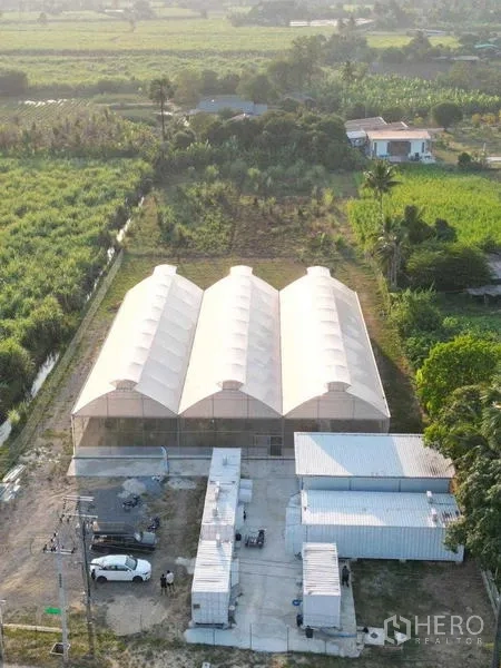 ที่ดิน ให้เช่าในNakhon Pathom - ภาพมุมสูงของโรงเรือนทรงโค้ง 3 หลังพร้อมอาคารใช้งาน บนแปลงที่ดินขนาดใหญ่ในนครปฐม