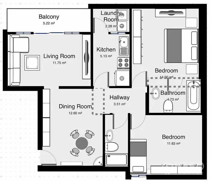 คอนโด ให้เช่าในWatthana, Bangkok - ผังห้องคอนโด 96 ตร.ม. 2 ห้องนอน มีระเบียงและครัวแยก