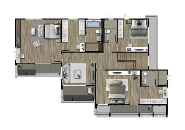 บ้าน ให้เช่าหรือขายในBang Sao Thong, Samut Prakan - ผังชั้นบน มี 3 ห้องนอน ห้องนั่งเล่นครอบครัว และห้องน้ำหลายห้อง