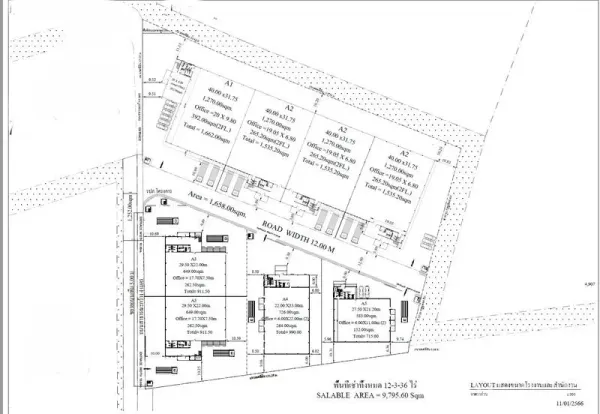 Factory for rent in Bang Pakong, Chachoengsao - Detailed layout drawing of factory plots and building footprints with dimensions and circulation.