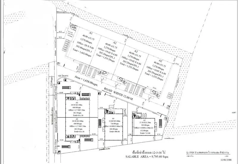 Factory for rent in Bang Pakong, Chachoengsao - Detailed layout drawing of factory plots and building footprints with dimensions and circulation.
