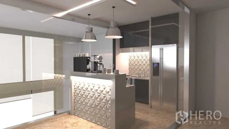 Shophouse for rent in Khlong San, Bangkok - Compact pantry and coffee bar with pendant lights, 3D wall tiles and a stainless refrigerator.