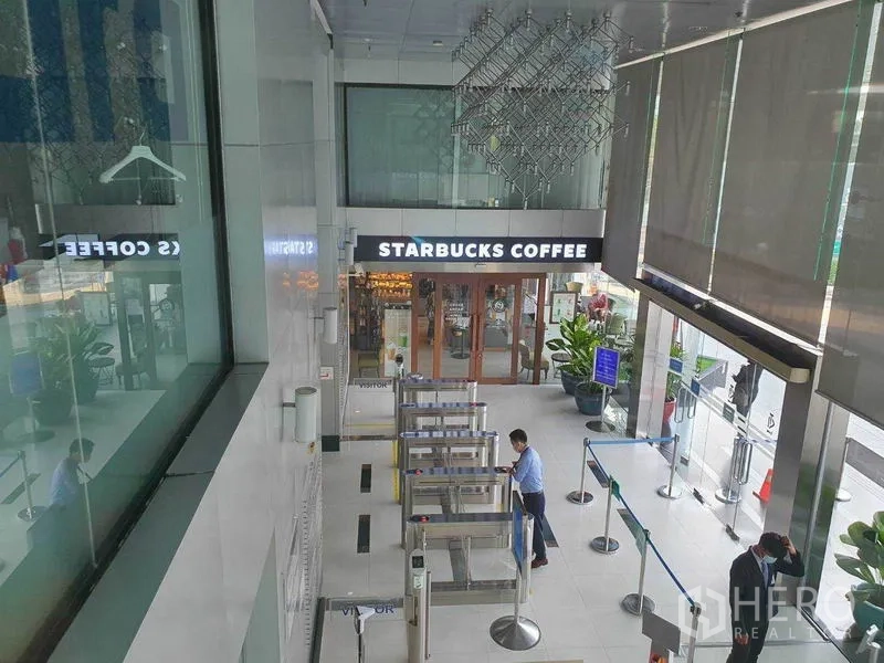 สำนักงาน ให้เช่าในRatchathewi, Bangkok - ลอบบี้อาคารมีประตูกั้นรักษาความปลอดภัยและร้านกาแฟหน้าอาคาร