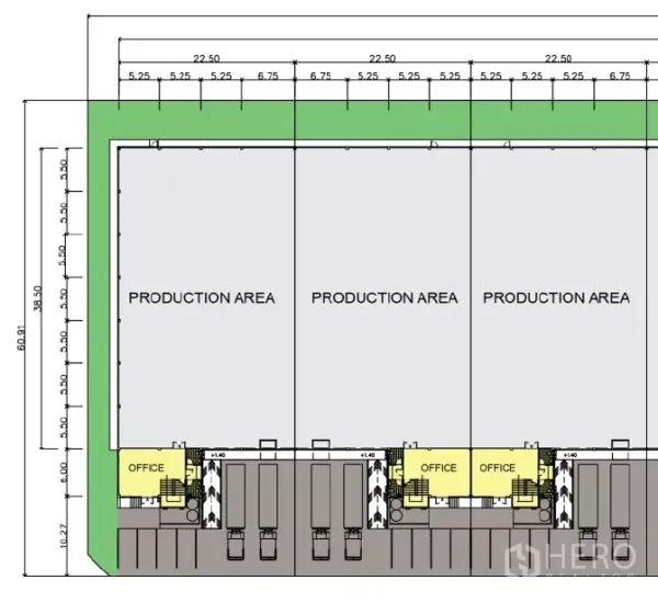 工厂 出租在Bang Sao Thong, Samut Prakan - 工厂平面图，显示生产区、前置办公室与装卸车位