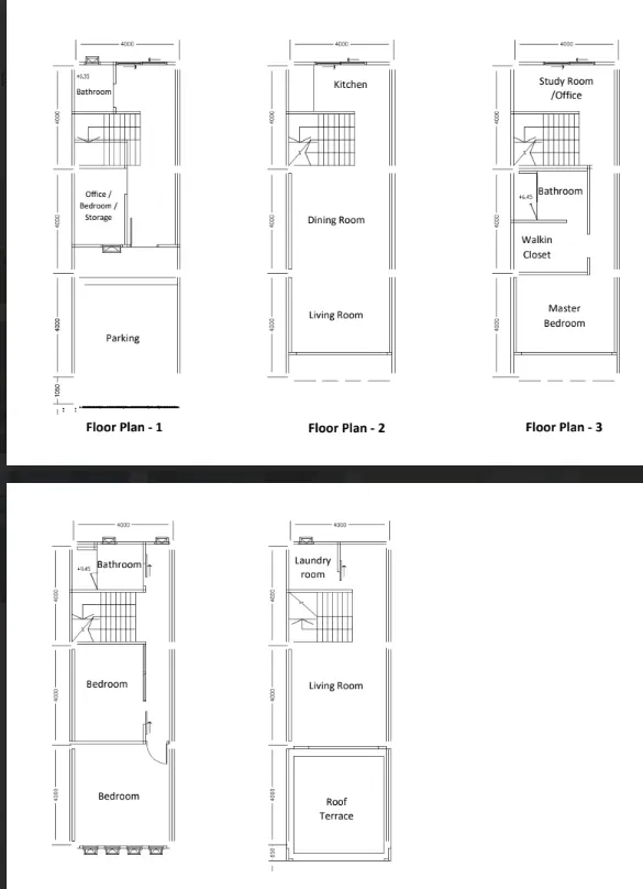 Townhouse for rent - Multi-level townhouse floor plan drawings showing layout and rooms.