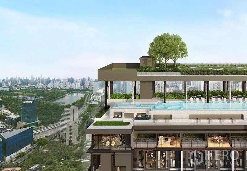Condominium for sale in Khlong Toei, Bangkok - Rooftop infinity pool with shaded deck, gardens and sweeping city views.