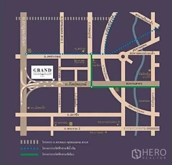 Detached House for rent in Bang Khae, Bangkok - Location map showing Grand Bangkok Boulevard Sathorn project and nearby roads.