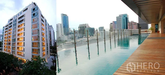 公寓 出租在Bang Rak, Bangkok - The Legend Saladaeng 外立面与屋顶无边际泳池，城市景观。