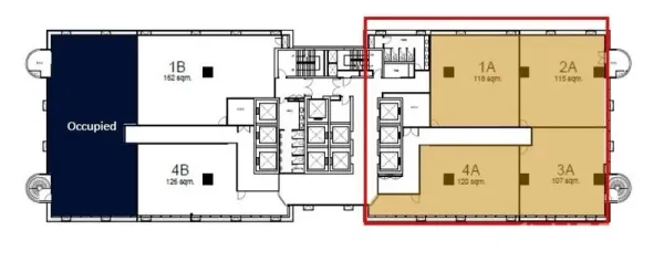 办公空间 出租在Bang Rak, Bangkok - 平面图标注东侧四个合并单元，总面积460㎡。
