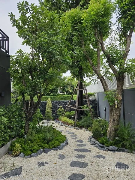Detached House for sale in Thawi Watthana, Bangkok - Shaded side garden with gravel path, trees and lush planting.