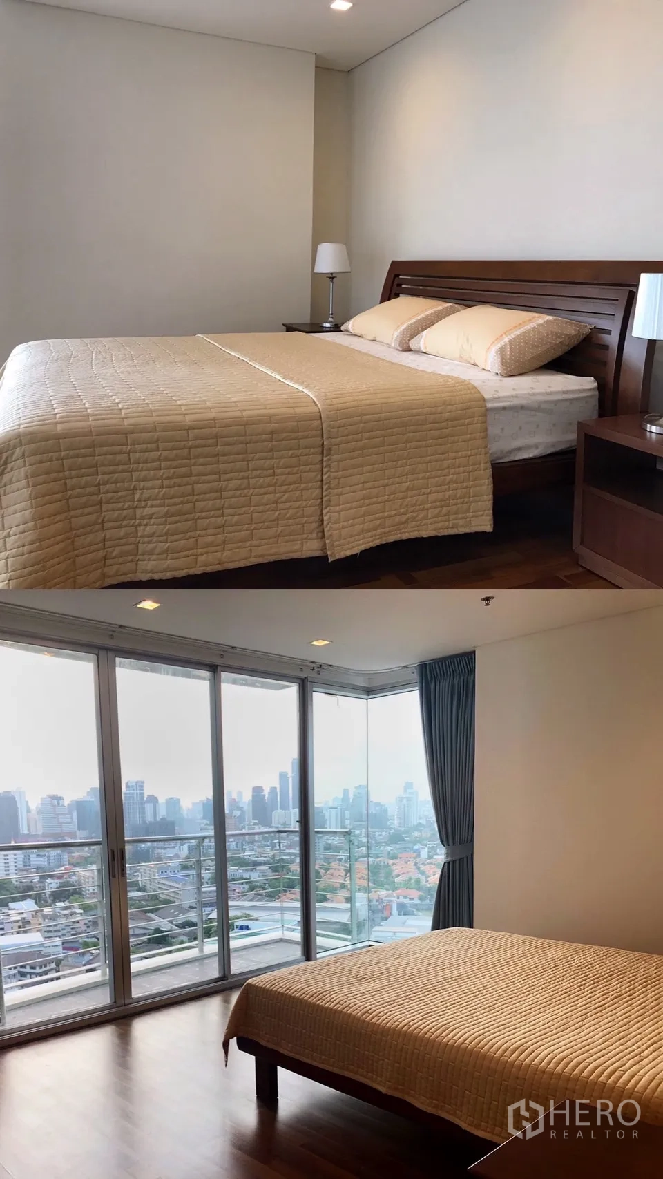 คอนโด ให้เช่าในKhlong Toei, Bangkok - ห้องนอนใหญ่กระจกมุมเต็มผนัง พร้อมระเบียงและวิวสกายไลน์กรุงเทพ เตียงและพื้นไม้