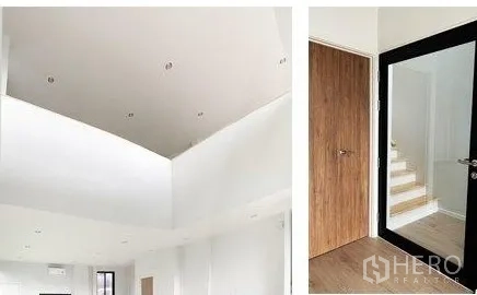 สำนักงานที่บ้าน ให้เช่าในDon Mueang, Bangkok - ดีเทลเพดานสูงและโถงบันไดพร้อมประตูกระจกกรอบดำ