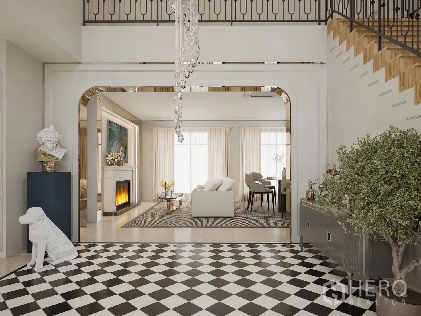 独立式住宅 出租在Bang Phli, Samut Prakan - 玄关黑白棋盘地砖，通向客餐厅。