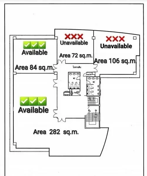 Office Space for rent in Watthana, Bangkok - Floor plan highlighting the available 84 sq m office area next to the pantry and restrooms.
