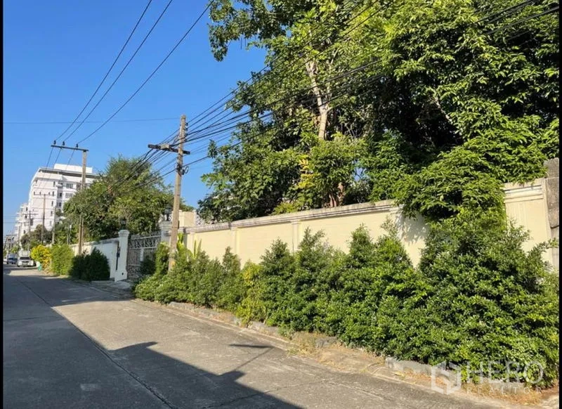 Detached House for rent in Khlong Toei, Bangkok - Quiet residential street with high perimeter wall, lush hedges and power lines under a clear blue sky.