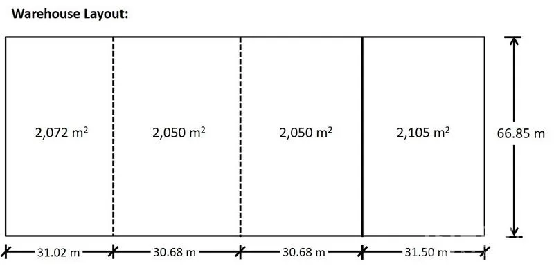 คลังสินค้า ให้เช่าในMueang Samut Prakan, Samut Prakan - ไดอะแกรมแบ่งโกดังเป็น 4 ยูนิตพร้อมระยะเป็นเมตร