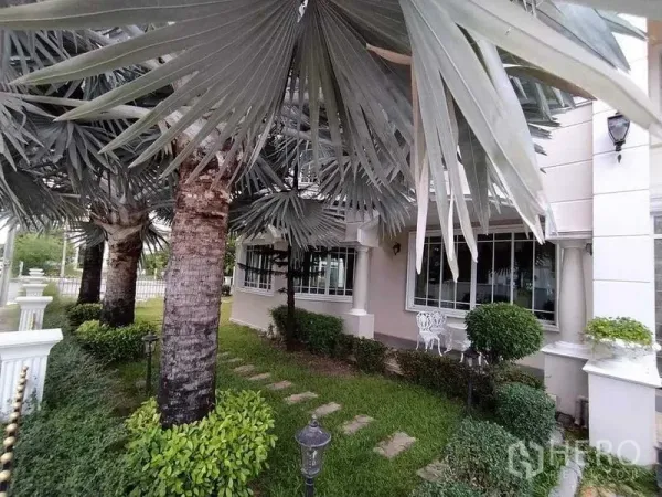 Detached House for sale in Phra Samut Chedi, Samut Prakan - Shaded garden path under large fan palms with trimmed hedges and white fence beside the house windows.