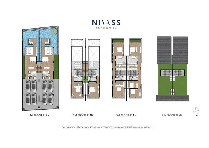 独立式住宅 出售在Lat Phrao, Bangkok - 四层完整户型图，包含卧室、起居空间与屋顶花园。