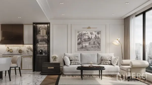 คอนโด ให้เช่า - ห้องนั่งเล่นหรู โทนสีอ่อน พื้นหินอ่อน พร้อมหน้าต่างสูงเห็นวิวเมือง