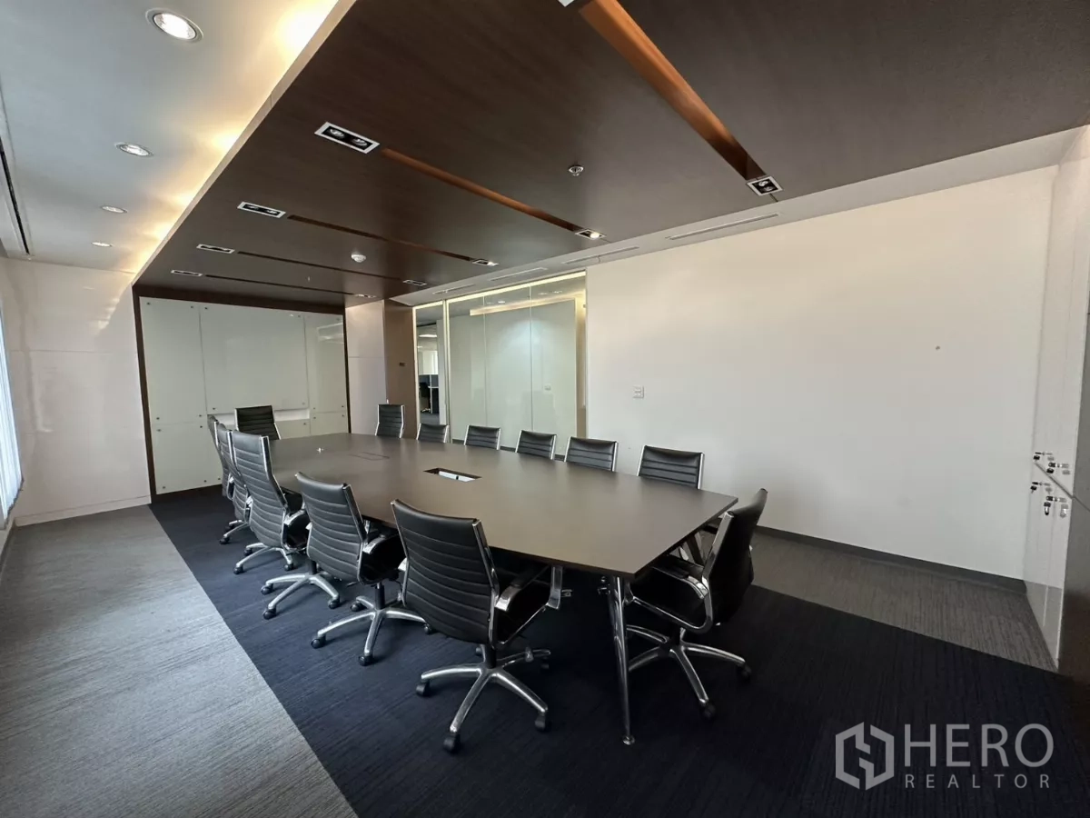 Office Space for rent in Watthana, Bangkok - Boardroom view toward the entrance with recessed lighting and whiteboard walls.