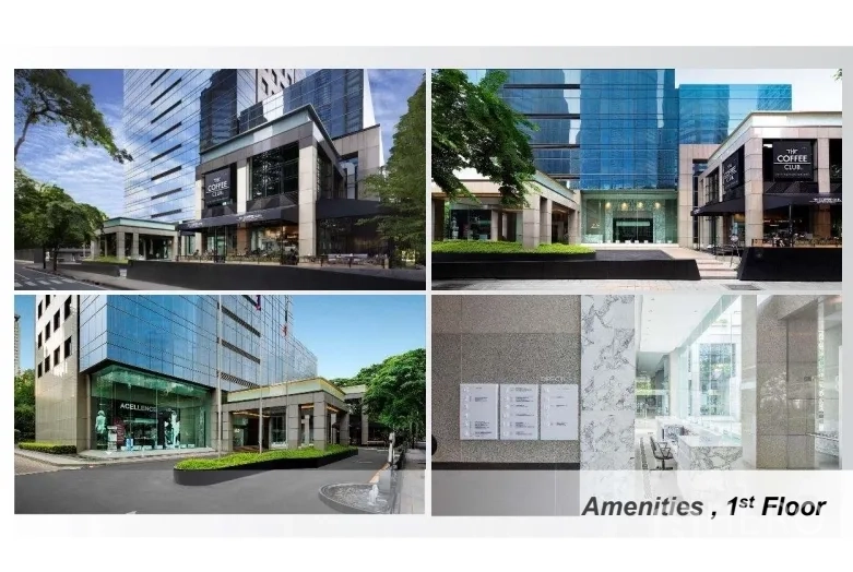 办公空间 出租在Pathum Wan, Bangkok - 办公楼底层配套拼图：咖啡馆与零售店、玻璃立面和明亮大堂。