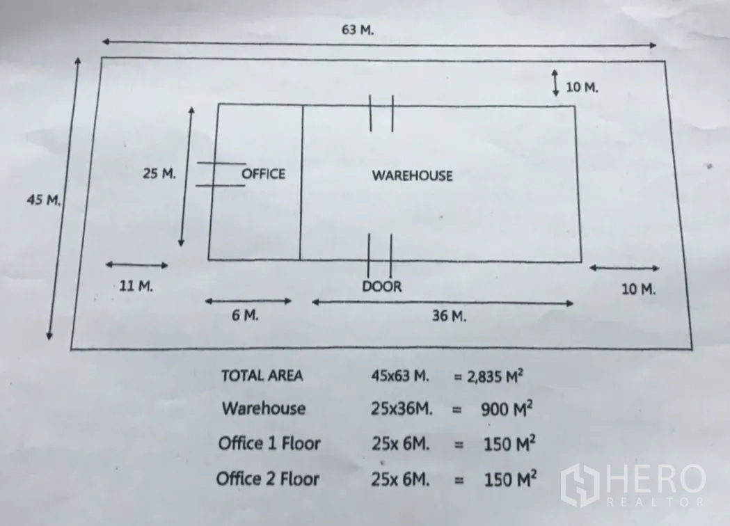 Factory for sale in Khlong Luang, Pathum Thani - Site and floor plan diagram showing warehouse and two-storey office areas.