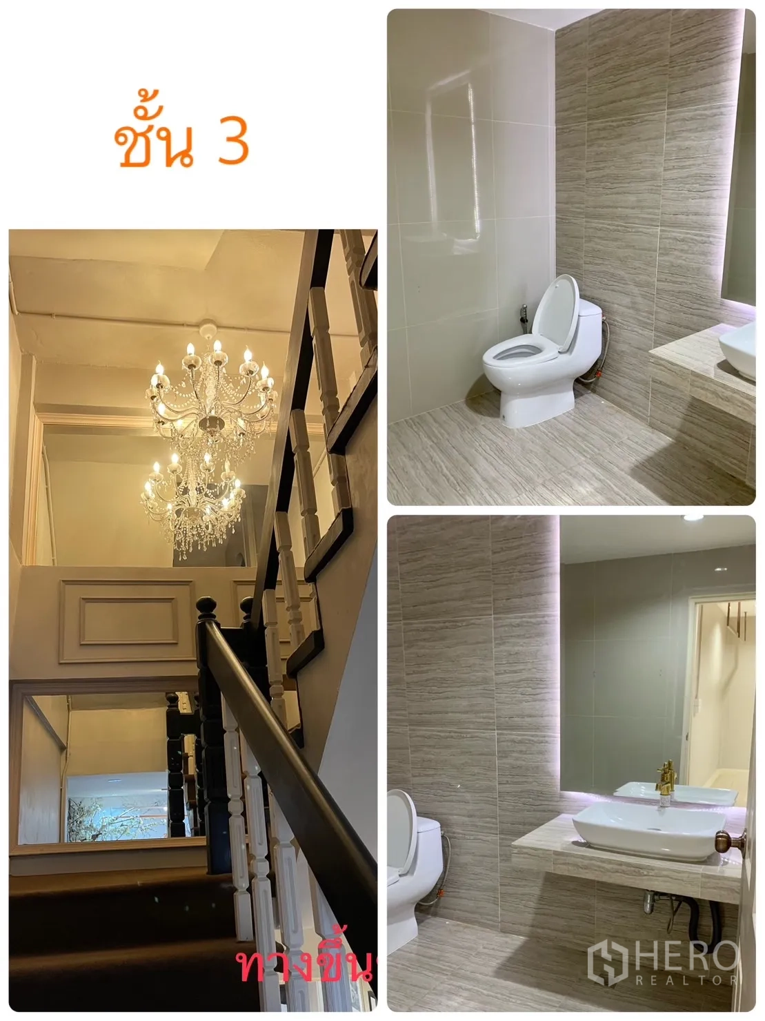Home Office for rent in Watthana, Bangkok - Third-floor stair hall with crystal chandelier and contemporary bathroom with large mirror.