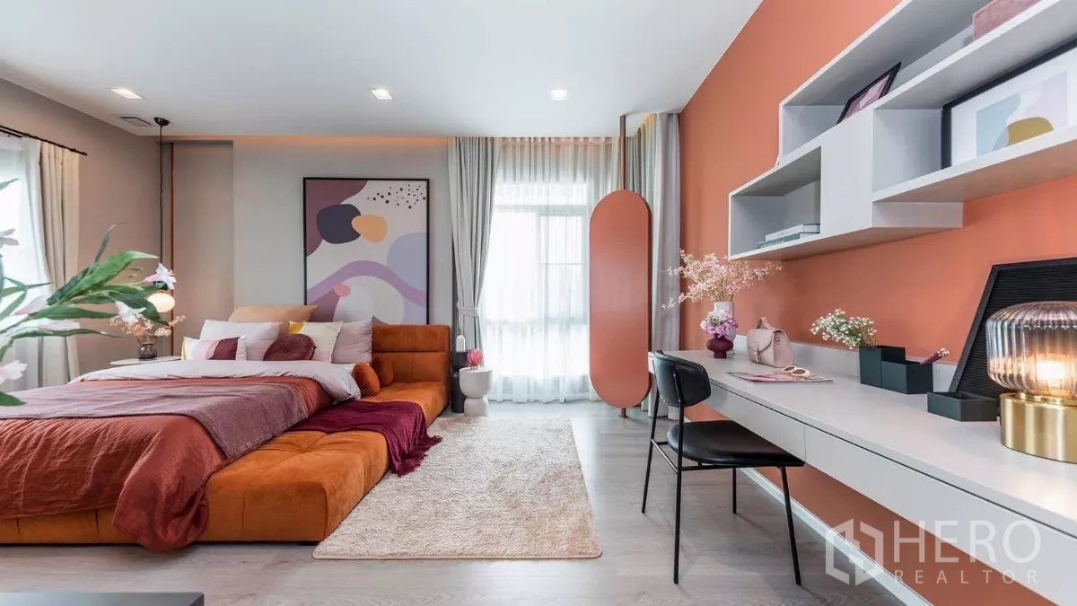 บ้าน ให้เช่าในPrawet, Bangkok - ห้องนอนรองโทนสดใส พร้อมโต๊ะทำงานและหน้าต่างบานใหญ่