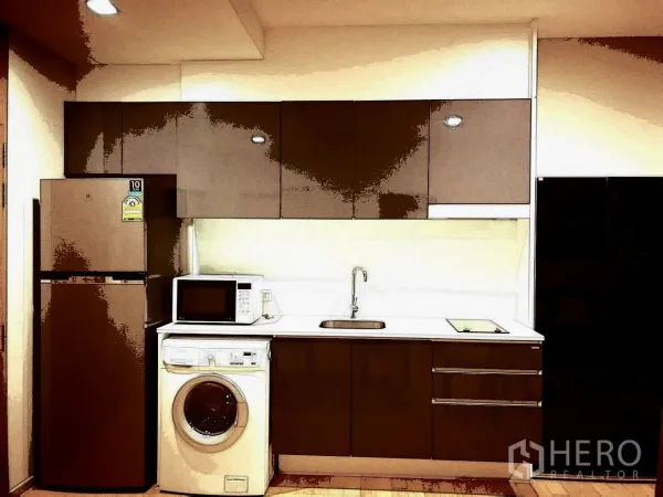 Condominium for rent or sale in Watthana, Bangkok - Compact fitted kitchen with refrigerator, microwave, washing machine, sink and overhead cabinets.