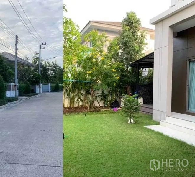 独立式住宅 出售在Mueang Pathum Thani, Pathum Thani - 宁静社区道路与绿色前草坪，旁为现代两层独栋别墅（巴吞他尼）。