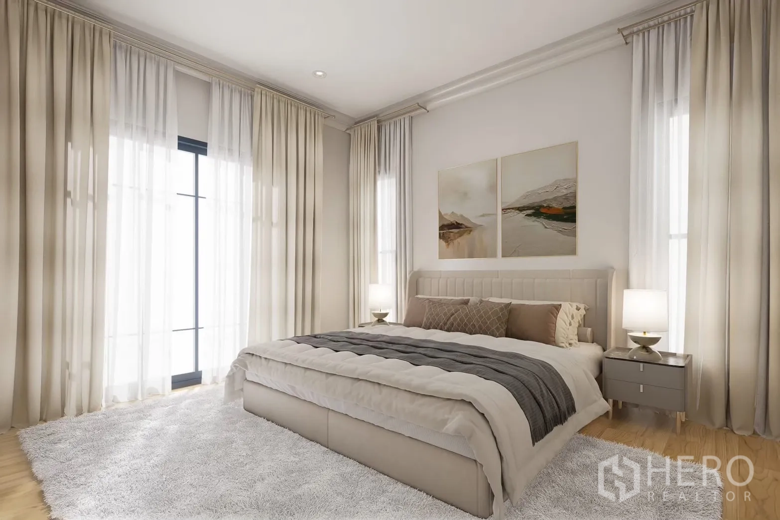 独立式住宅 出租在Bang Phli, Samut Prakan - 主卧大窗与厚实地毯，通透明亮。