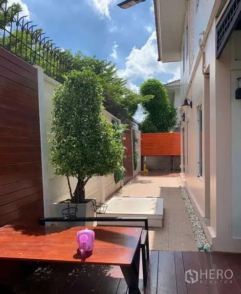 บ้าน ให้เช่า - ทางเดินข้างบ้านพร้อมกระถางต้นไม้และมุมนั่งเล่น