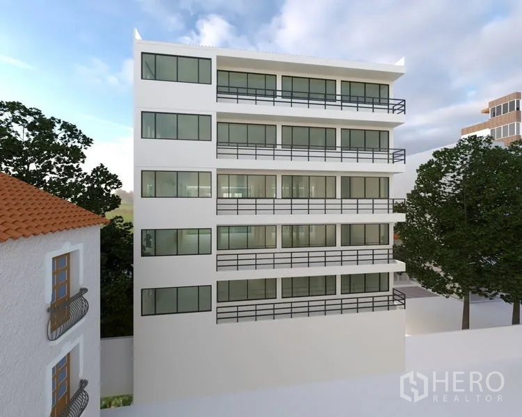 Home Office for rent or sale in Wang Thonglang, Bangkok - Rear elevation rendering with continuous balconies and windows.