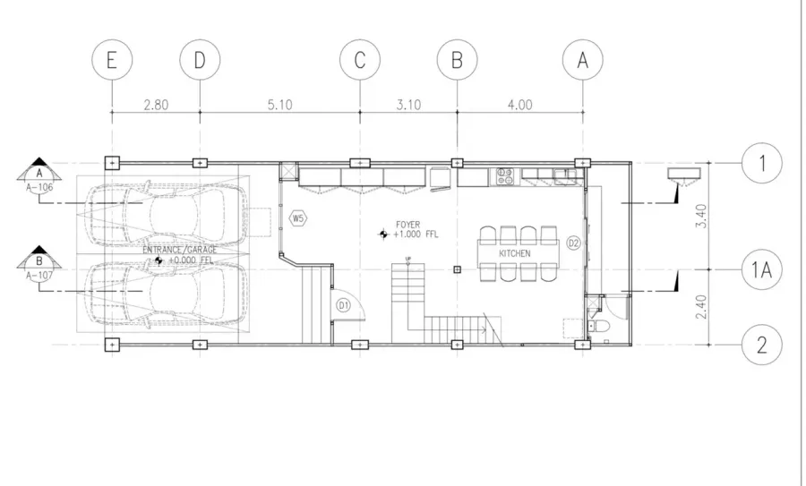 Townhouse for rent or sale in Watthana, Bangkok - Ground-floor plan of a four-storey Watthana townhouse showing a two-car garage, foyer, powder room and open kitchen with dining area.