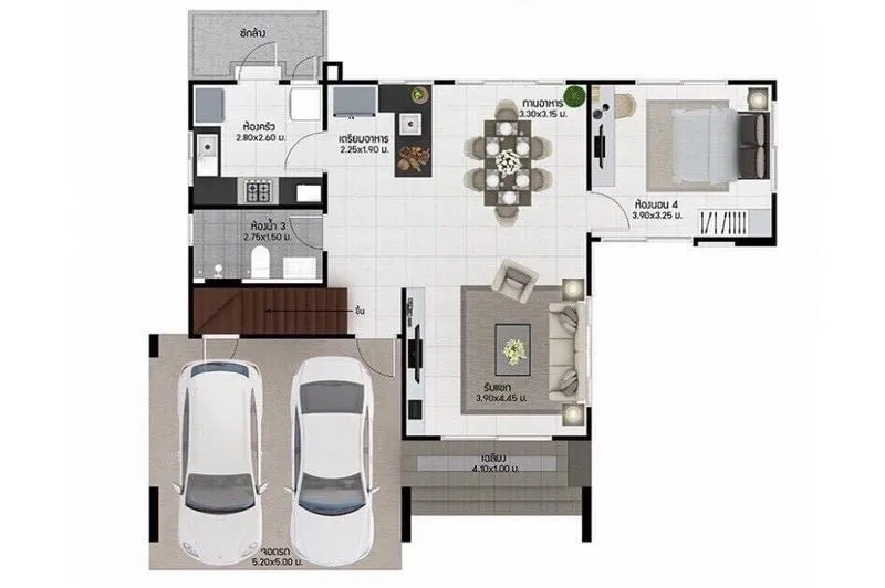 บ้าน ขาย - ผังชั้นล่าง แสดงห้องนั่งเล่น รับประทานอาหาร ครัว ห้องน้ำ และที่จอดรถ 2 คัน