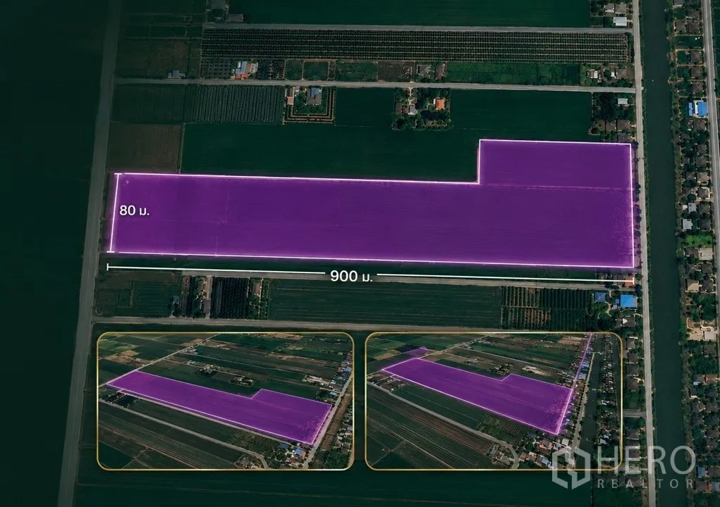 Land for sale in Sai Noi, Nonthaburi - Aerial view of a large outlined land plot in a rural area showing approx. 900 m length and 80 m width, with nearby canal and local roads.