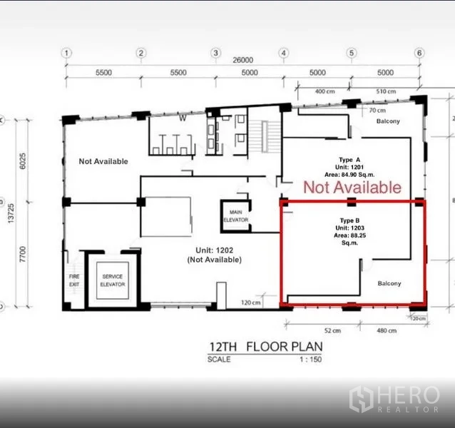 办公空间 出租在Khlong Toei, Bangkok - 12楼平面图，标注Type B 1203单元，面积88.25平方米，带阳台。
