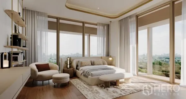 公寓 出售在Watthana, Bangkok - 转角主卧，城市景观一览无余，米色软装并可通往阳台。