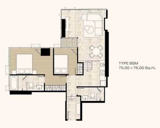 公寓 出租在Bang Rak, Bangkok - 两卧室公寓户型图，BSM类型，约75–76平米。