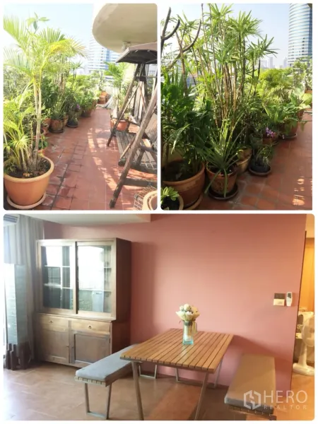 คอนโด ให้เช่าในWatthana, Bangkok - ระเบียงขนาดใหญ่ปูพื้นกระเบื้องสีอิฐ รายล้อมด้วยต้นไม้กระถาง เห็นวิวเมือง พร้อมชิงช้าไม้